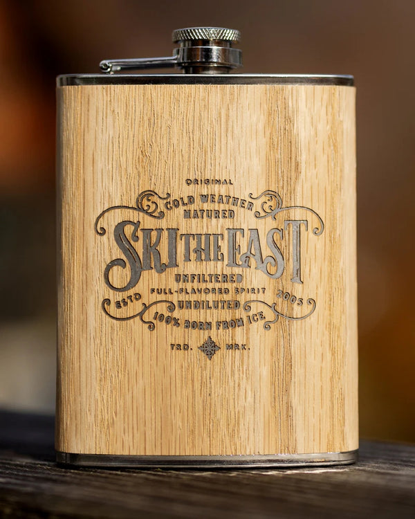 This is an image of Ski The East Dedicated Wood Wrapped Flask